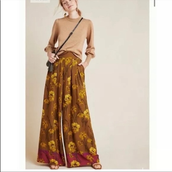 Anthropologie Pants - New Anthropologie Maeve Terrace Floral Brown Yellow Autumn Fall Wide Leg Pants 6